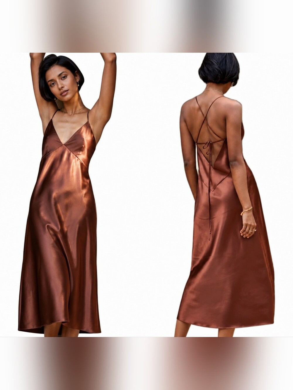 Copper Satin Slip Midi Dress NWT Sz L Open Back Wedding Guest Special Occasion